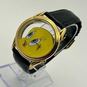 Vintage 1990s Armitron Tweety Bird Gold Black Leather Watch Working New Battery